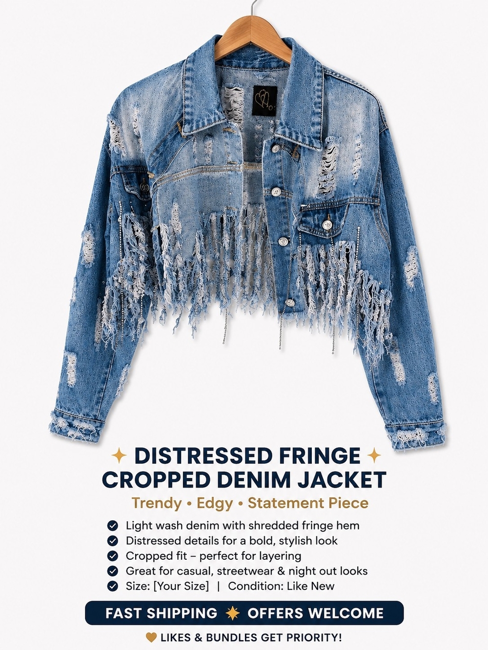Cropped Distressed Fringe Denim Jacket - Light Blue